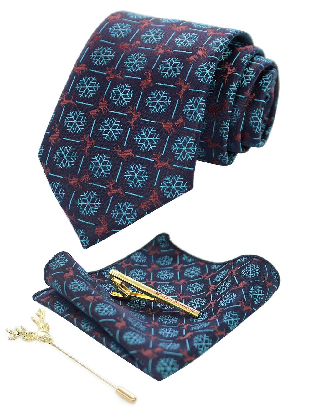 6994 Festival Silk Necktie Blue Snowflake Christmas Tie and Pocket Square